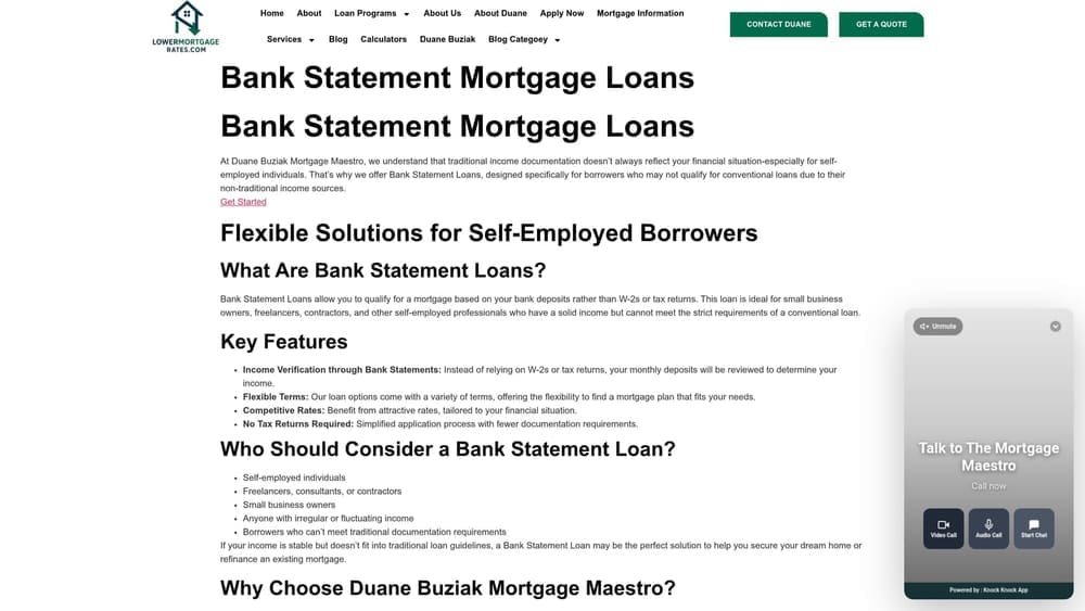 Screenshot of LowerMortgageRates.com Bank Statement Loan Programs website