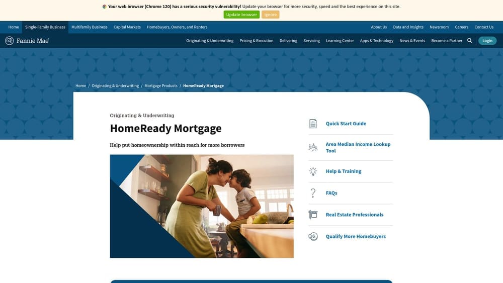 Screenshot of Fannie Mae HomeReady Eligibility Tool website