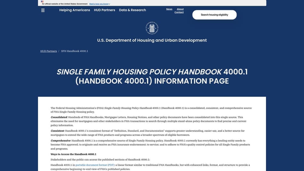 Screenshot of HUD FHA Single Family Housing Policy Handbook (4000.1) website