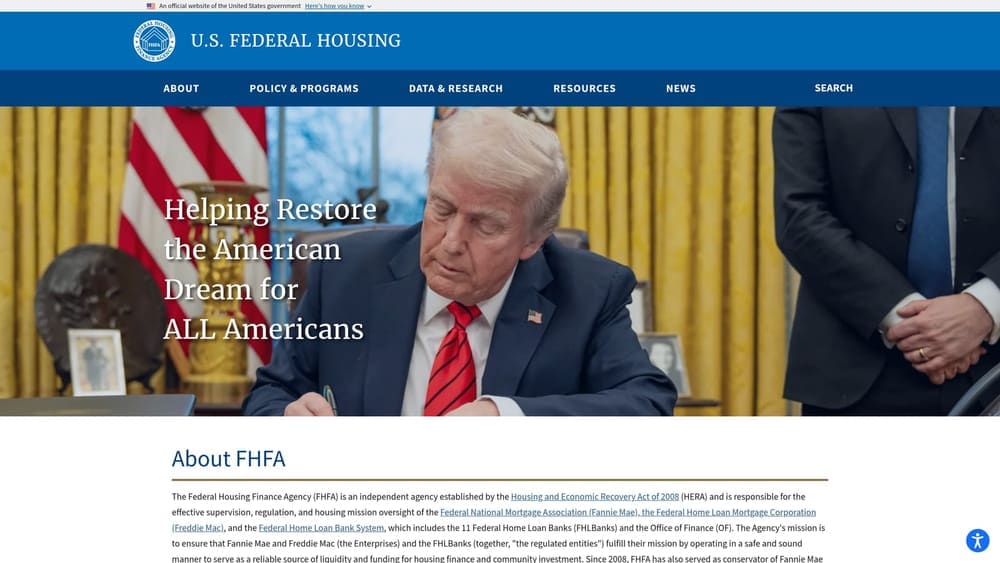 Screenshot of Federal Housing Finance Agency (FHFA) website